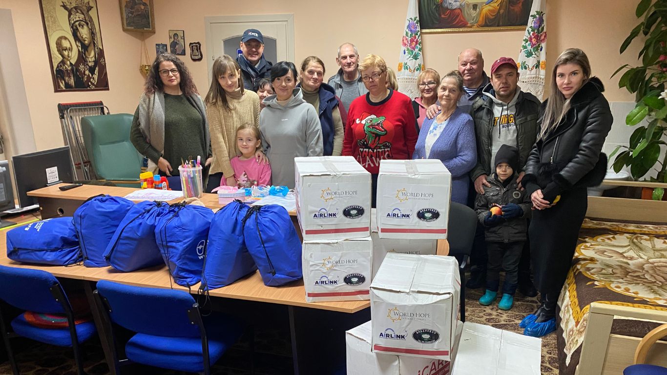 Volunteers putting together Care packages for Ukrainian refugees