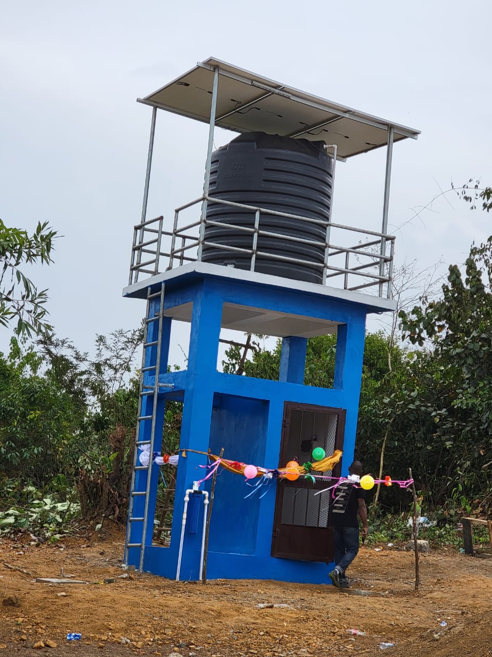 Water tower installed in a community providing safe water